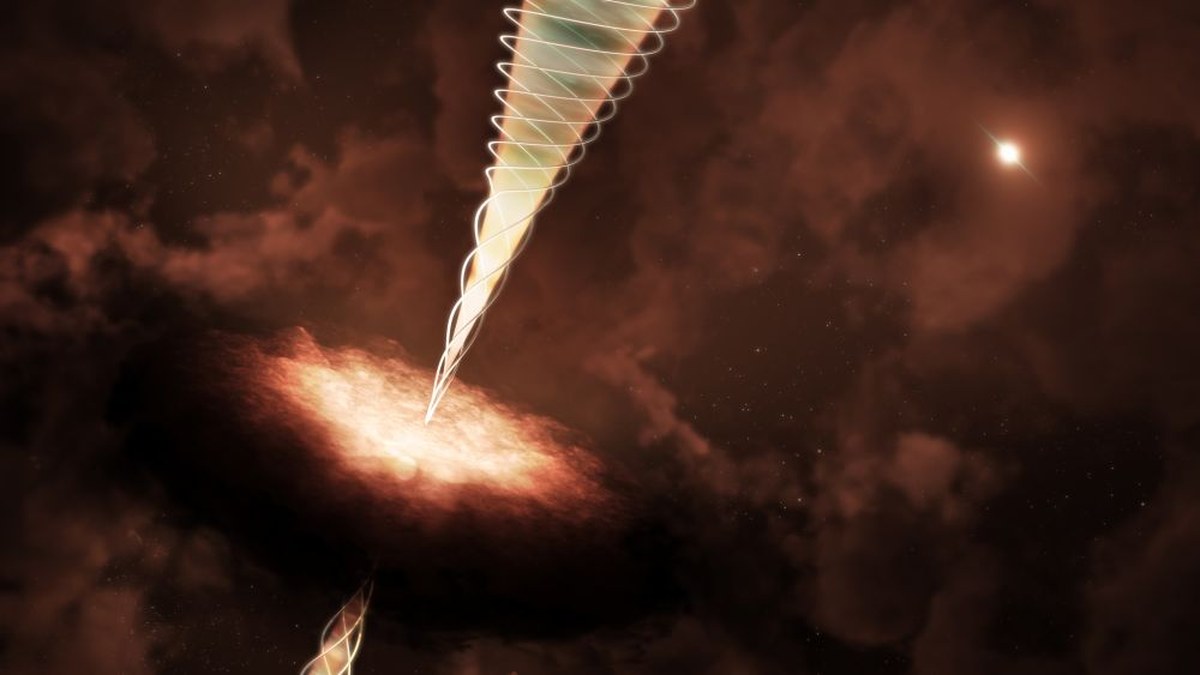 There's been a growing understanding that magnetic fields at young stars launch and shape powerful jets that help dissipate gas in protoplanetary disks. This artist's illustration is based on ALMA's observations of a young star embedded in its thick disk. Image Credit: NSF/AUI/NSF NRAO/M. Weiss