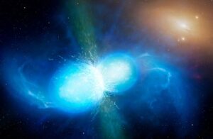 İki nötron yıldızının uzay-zamanı bükerek birleştiği ve evrene ağır elementler saçtığı kilonova patlaması canlandırması