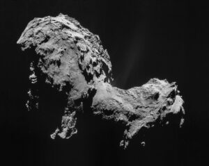 Rosetta uzay aracı tarafından incelenen 67P/Churyumov-Gerasimenko kuyrukluyıldızının çift loblu buzul ve toz çekirdeği