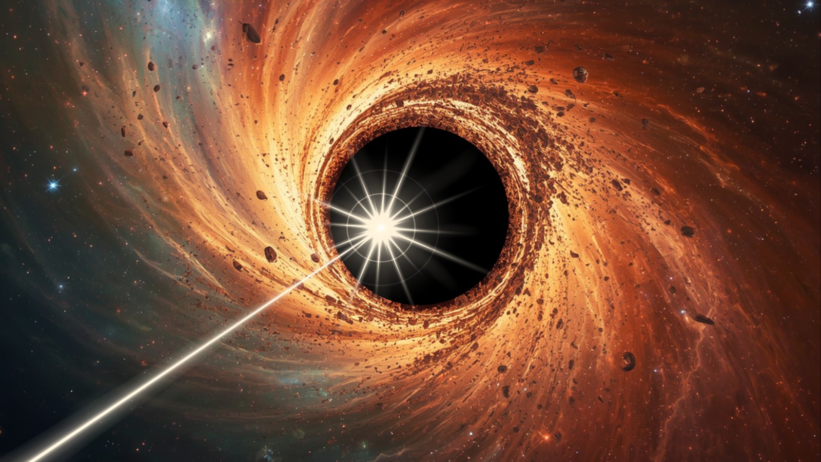 An illustration shows a jet blasting out of a feeding supermassive black hole