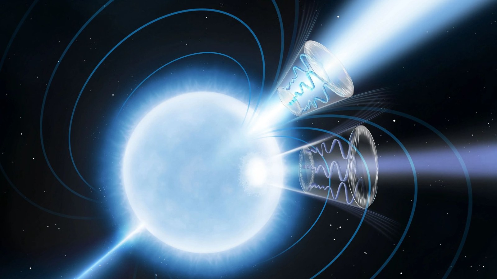 An illustration of a white star with two beams of different wavelengths shooting out toward the right side.