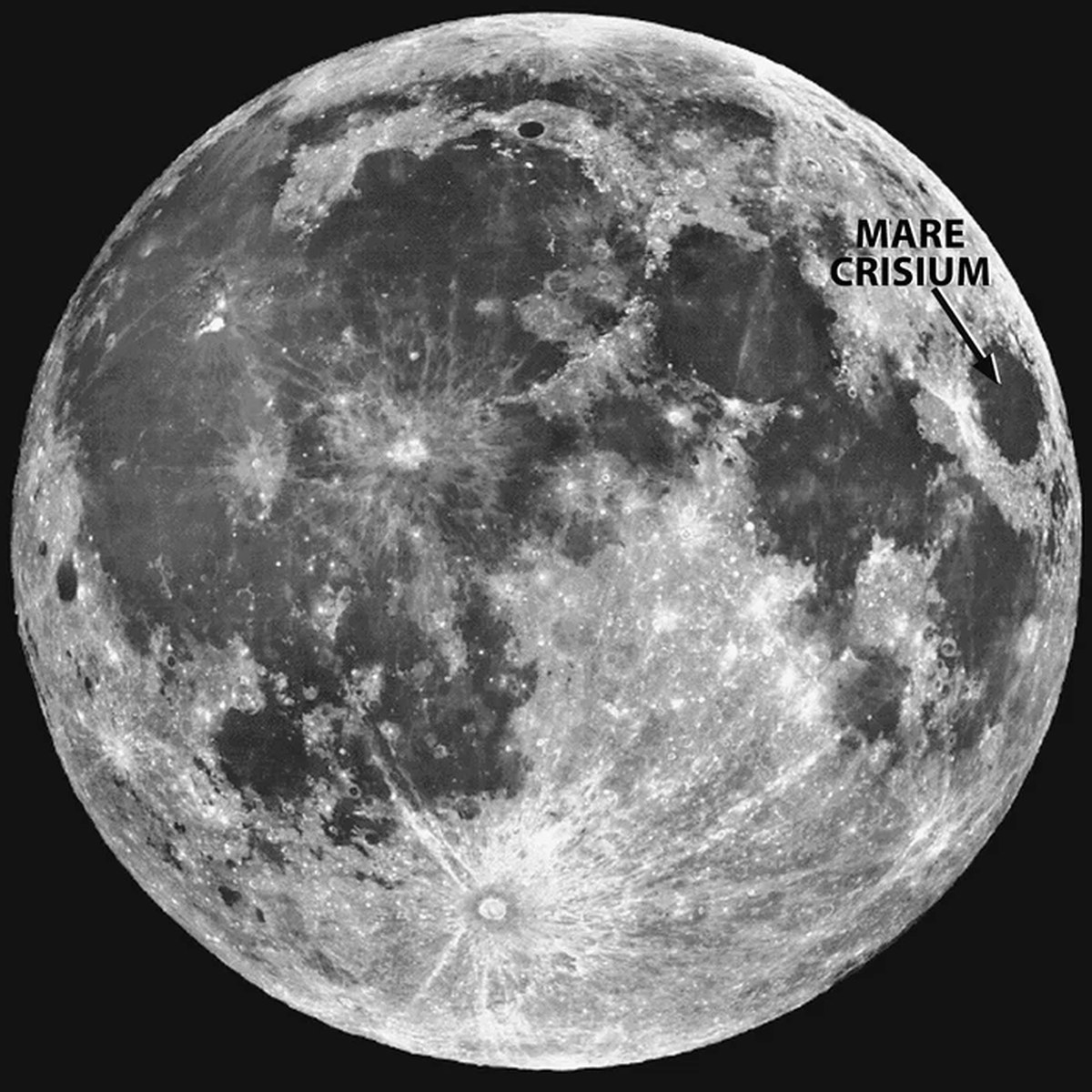 Mare Crisium, an ancient, 350-mile-diameter impact basin that subsequently filled with lava. The basin is one of many large dark spots on the Moon’s surface visible to the naked eye. They were dubbed lunar maria, Latin for "seas," by early astronomers who mistook them for actual seas. Credit: Lick Observatory