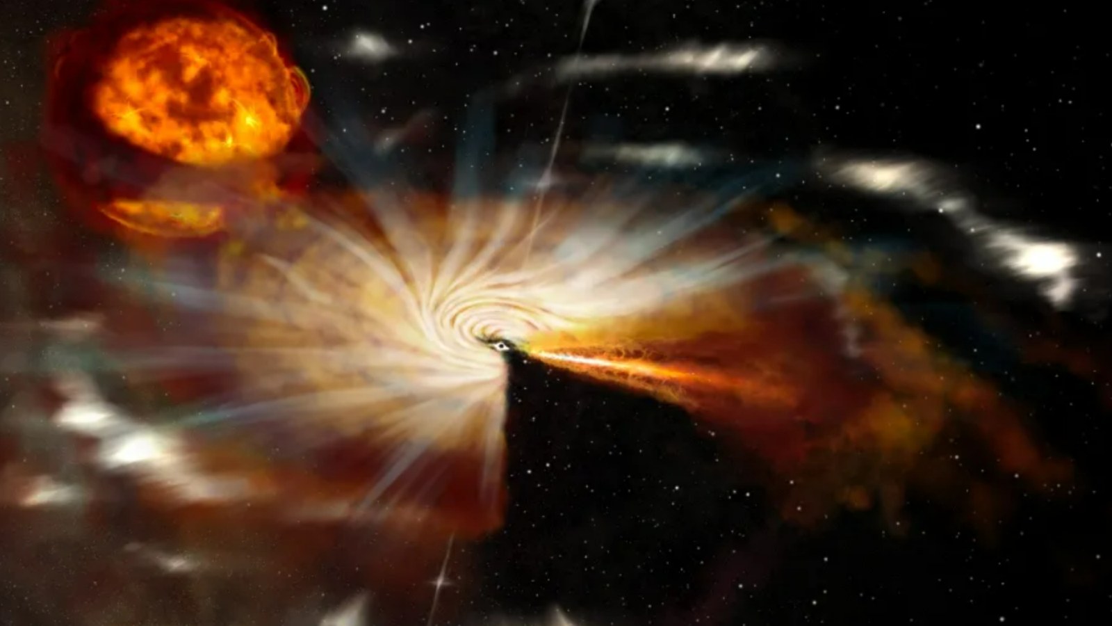 An illustration of a black hole feeding on a companion  star