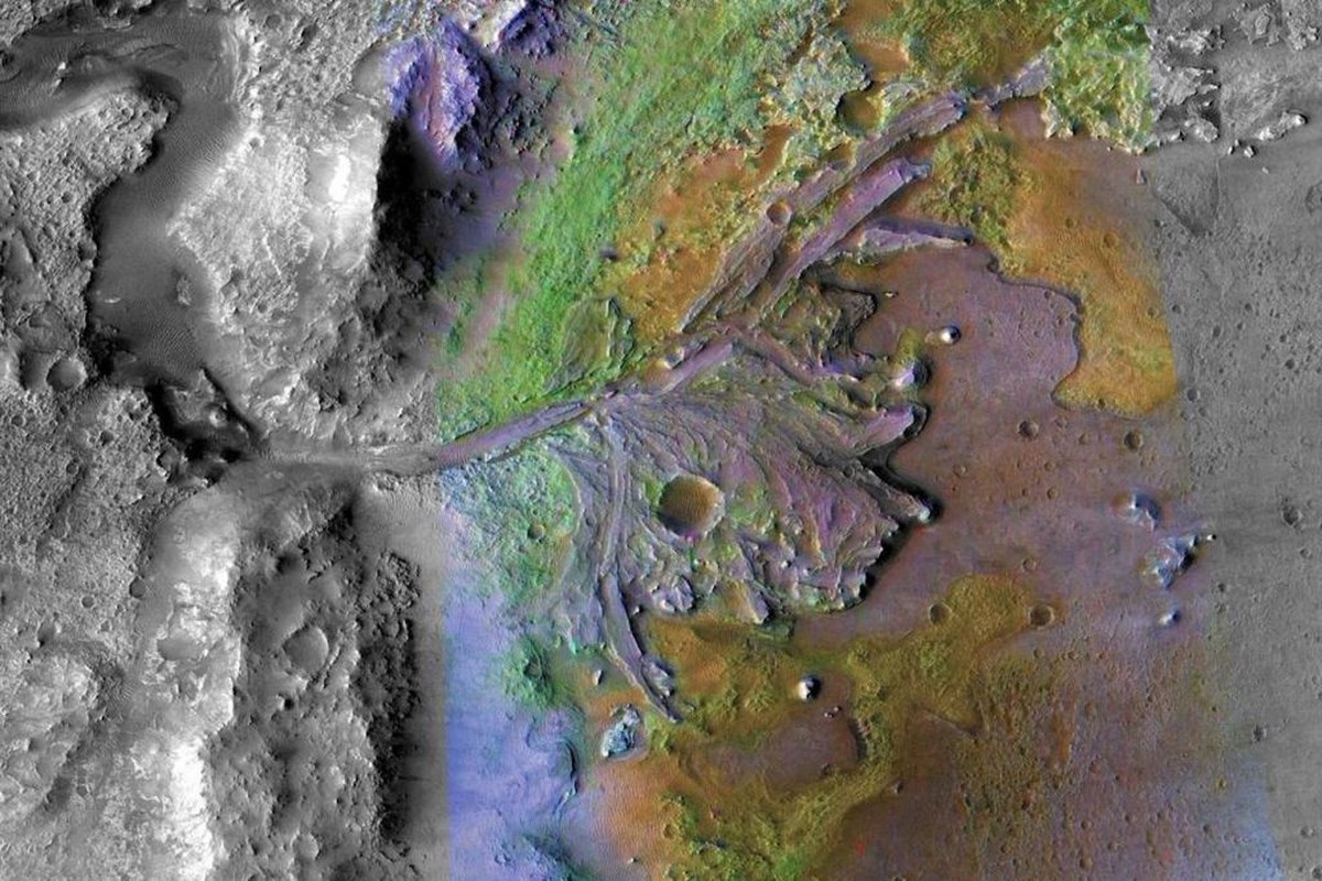 Jezero Crater on Mars. Scientists think that the sediments in the crater may be one km deep. Image Credit: NASA/JPL-Caltech/ASU
