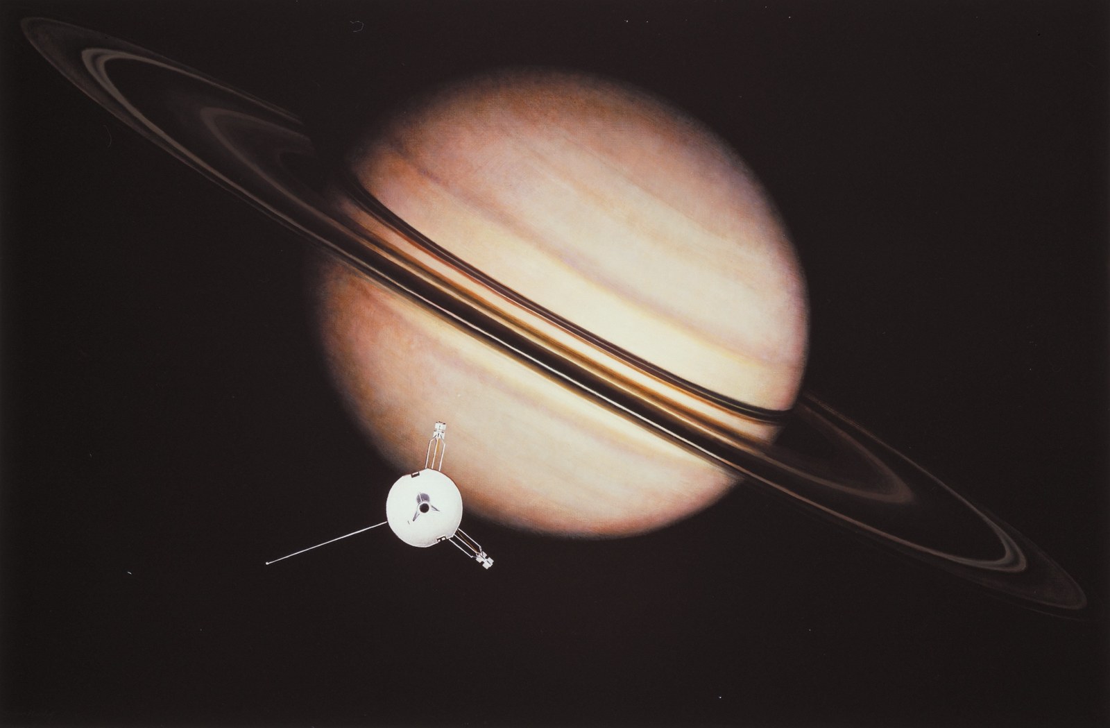 An artist's impression of the encounter between Pioneer 11 and Saturn in 1979