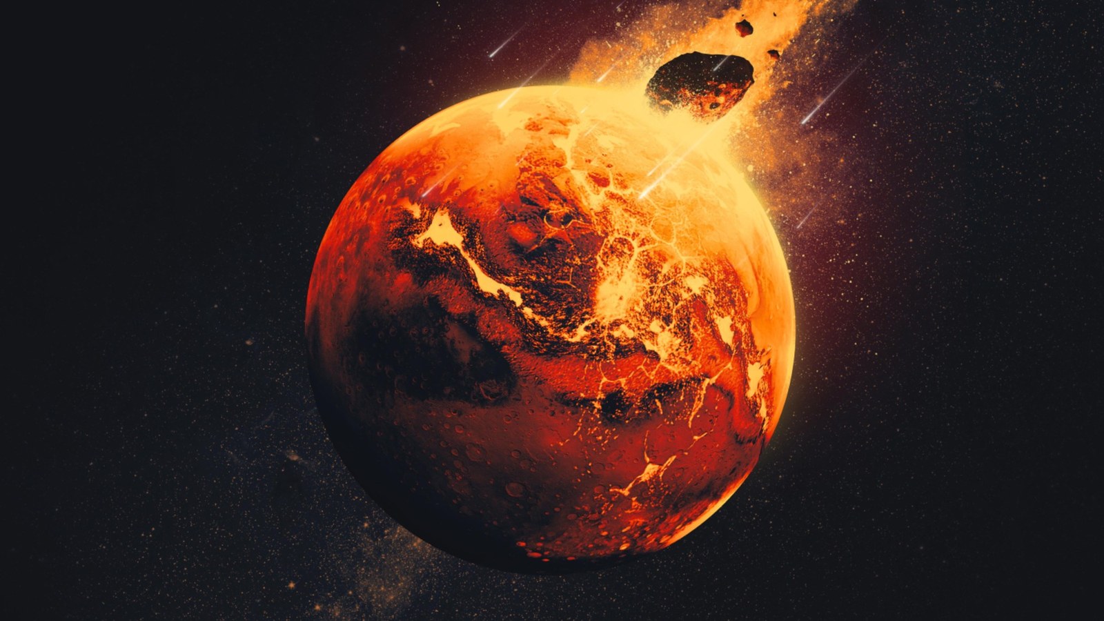 a large rocky body slams into a reddish-orange orb, creating a cloud of dust, debris and fire