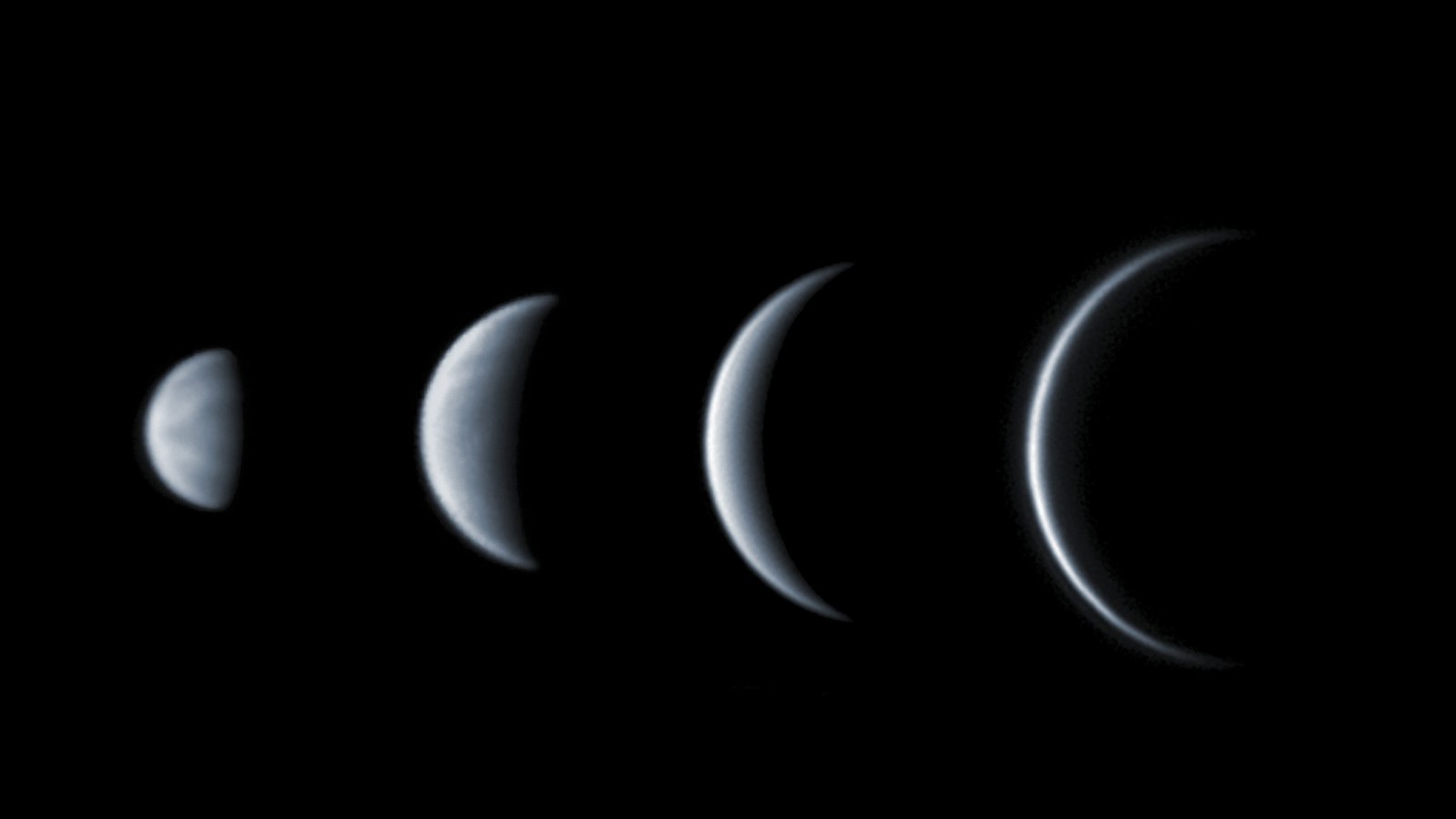 Venus This set of images taken in 2004 show the phases and relative size of Venus as seen from Earth as it moves around the Sun.