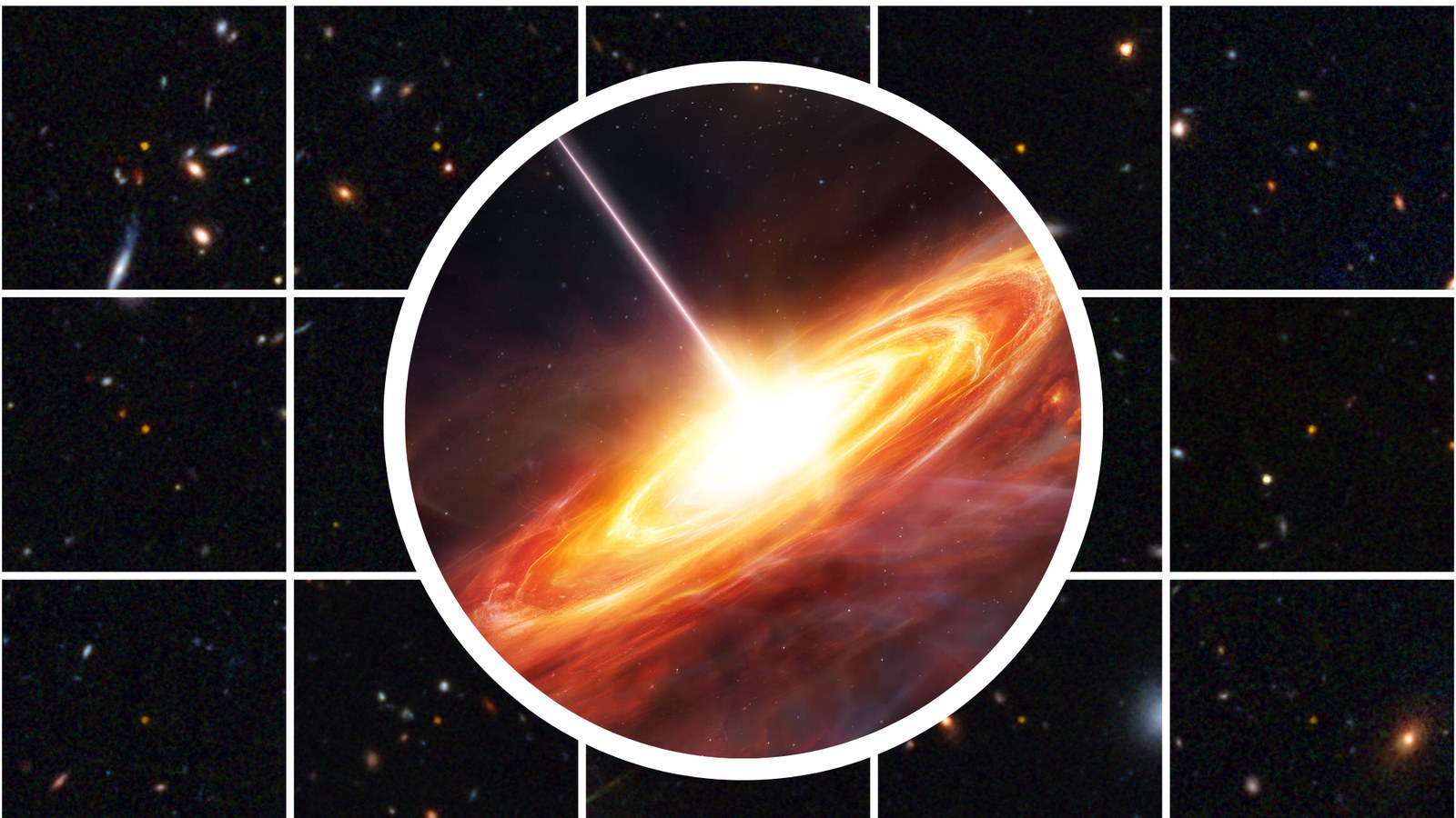 (Background)Ancient quasars discovered by Euclid. (Foreground) An illustration of a quasar