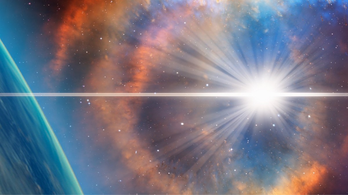 An illustration shows a supernova explosion bombarding Earth with neutrinos