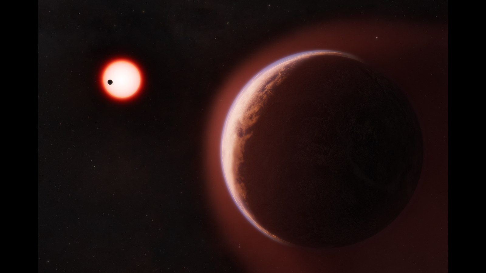 An artist's concept showing the exoplanet LHS 1140 b in reddish brown in the foreground and a star with another transiting planet in the background.