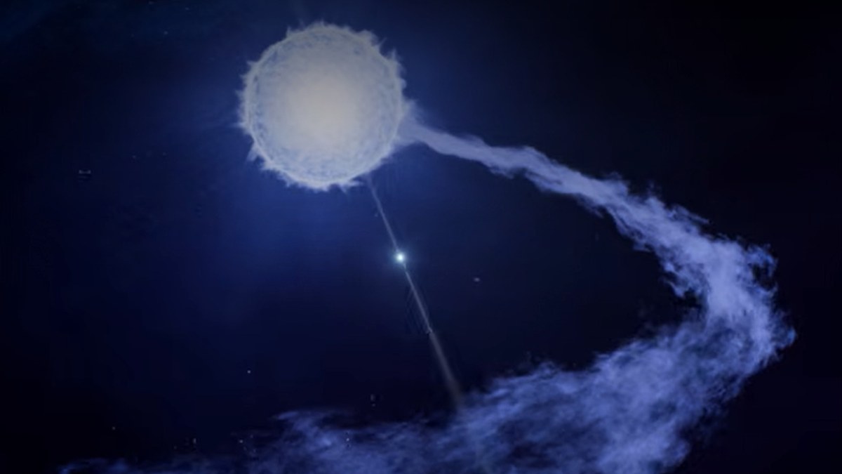 A large glowing blue sphere next to a trail of light blue smoke
