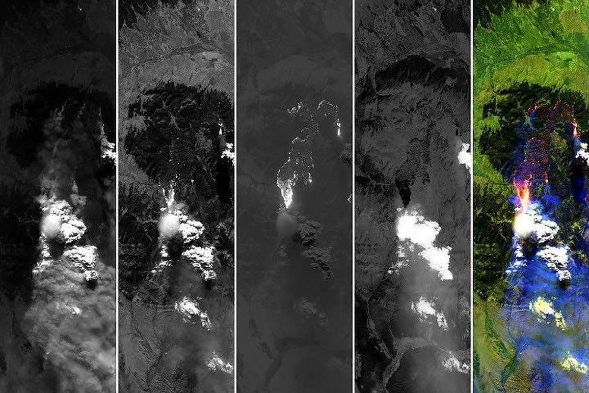 Five side-by-side panels from the MASTER instrument show a wildfire and its smoke plume. The four left panels are grayscale views of the scene at progressively longer wavelengths. The rightmost panel is a false-color composite in which active fires appear pink and yellow, burned areas in purple, smoke in purple, and clouds in white.
