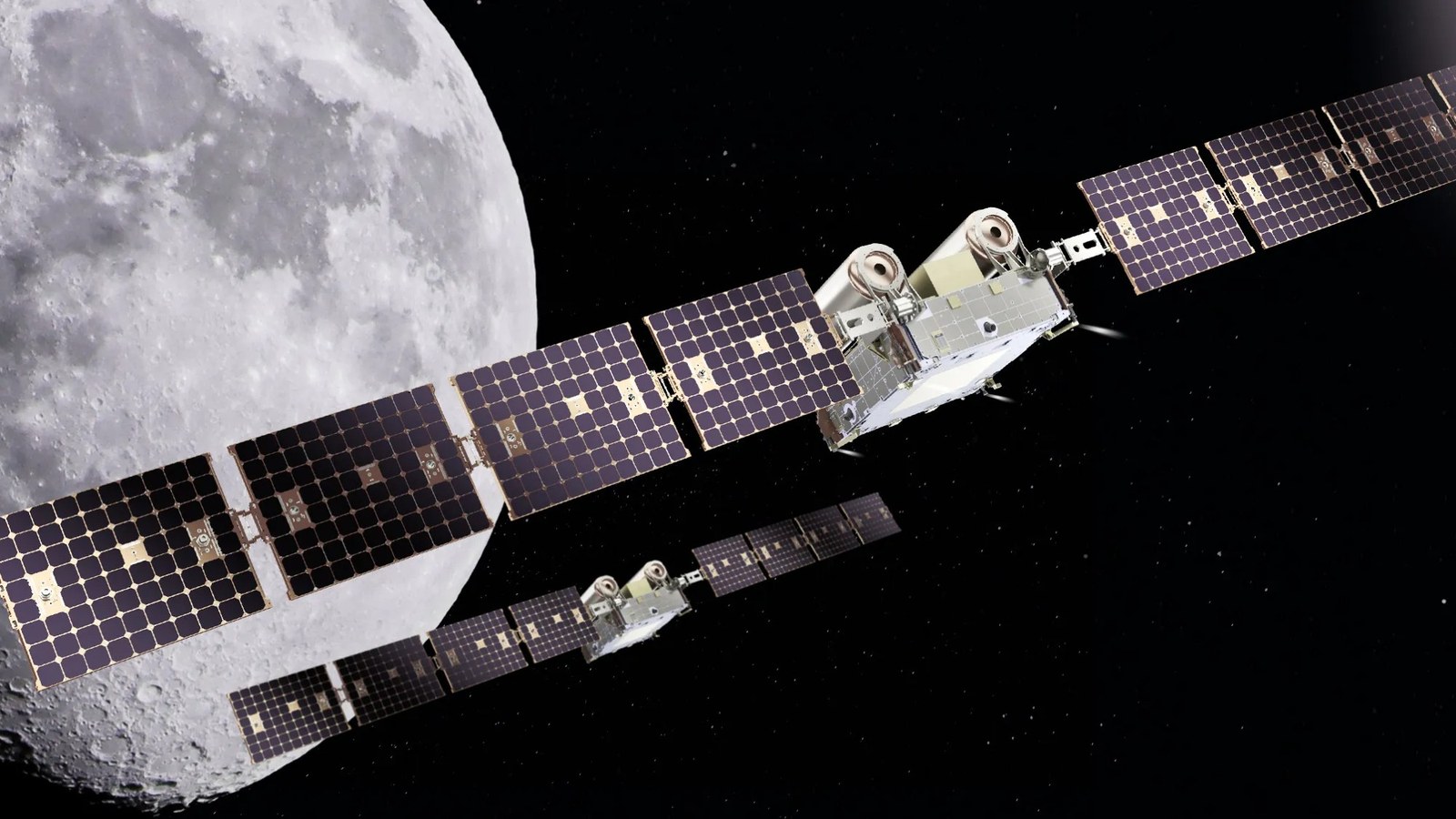 two small rectangular spacecraft with long wing-like solar panels fly above the moon