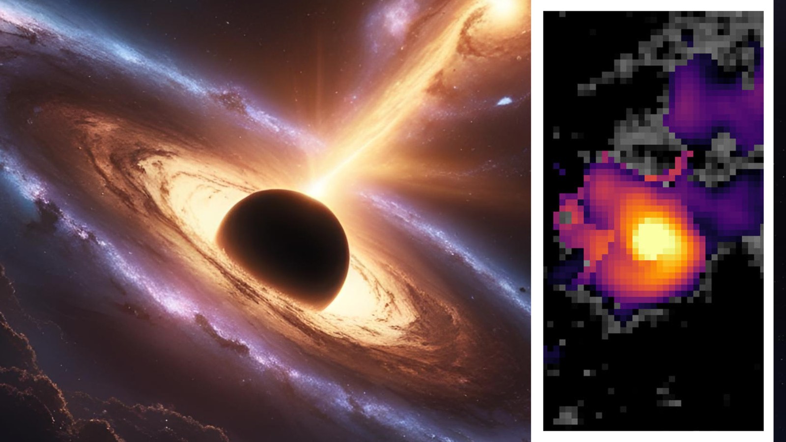 (Main) An illustration of a feeding supermassive black hole (Inset) the heart of the galaxy NGC4696 in a combined view from the JWST and Hubble