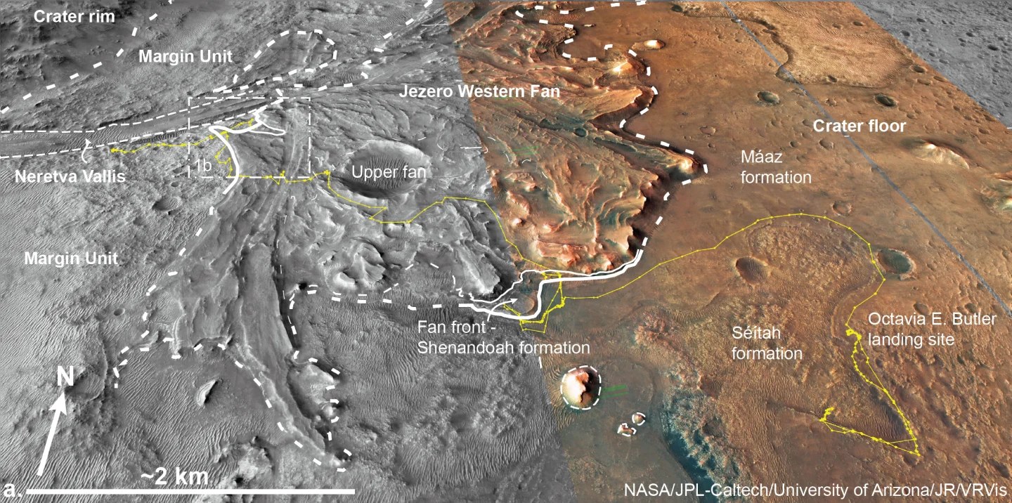 Diagram of the Jezero Crater, showing where the Perseverance rover has traversed to search for ancient biosignatures. Credit: NASA/JPL-Caltech/University of Arizona/JR/VRVis