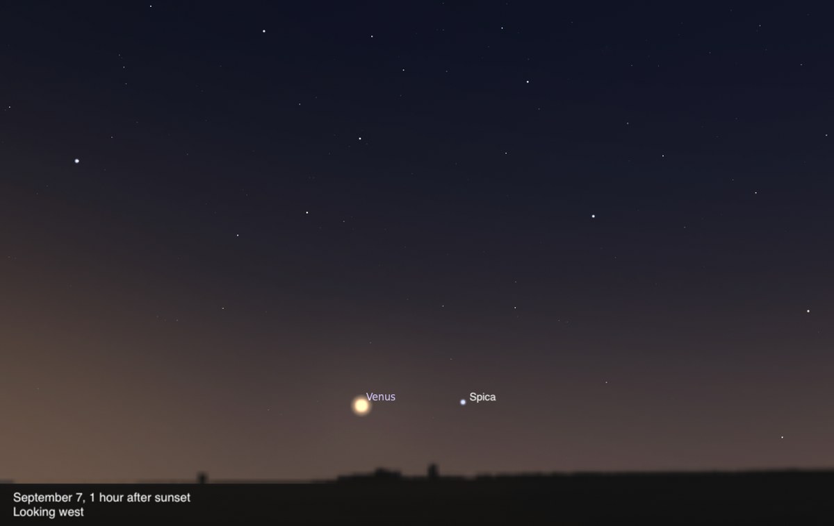 A sky chart showing the western sky on September 7, 2026, one hour after sunset. Venus shines brilliantly low near the center of the image, with the star Spica labeled as a smaller blue-white point just to its right. The sky fades from deep blue-black above to a warm brown-orange twilight glow near the dark horizon silhouette.