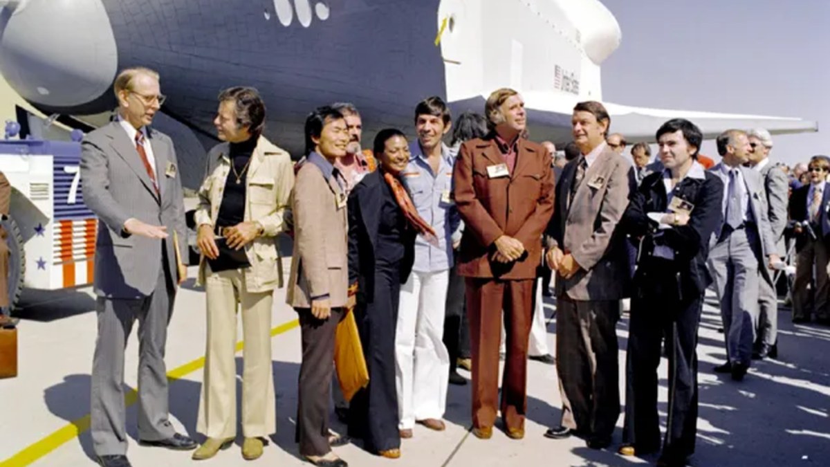 NASA's space shuttle Enterprise with cast members from the 'Star Trek' television series. 