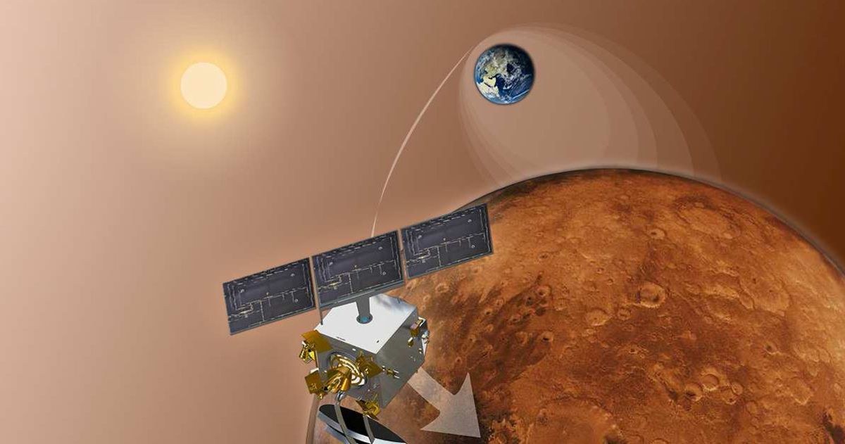 An artist's illustration of India's Mars Orbiter Mission journeying to Mars.