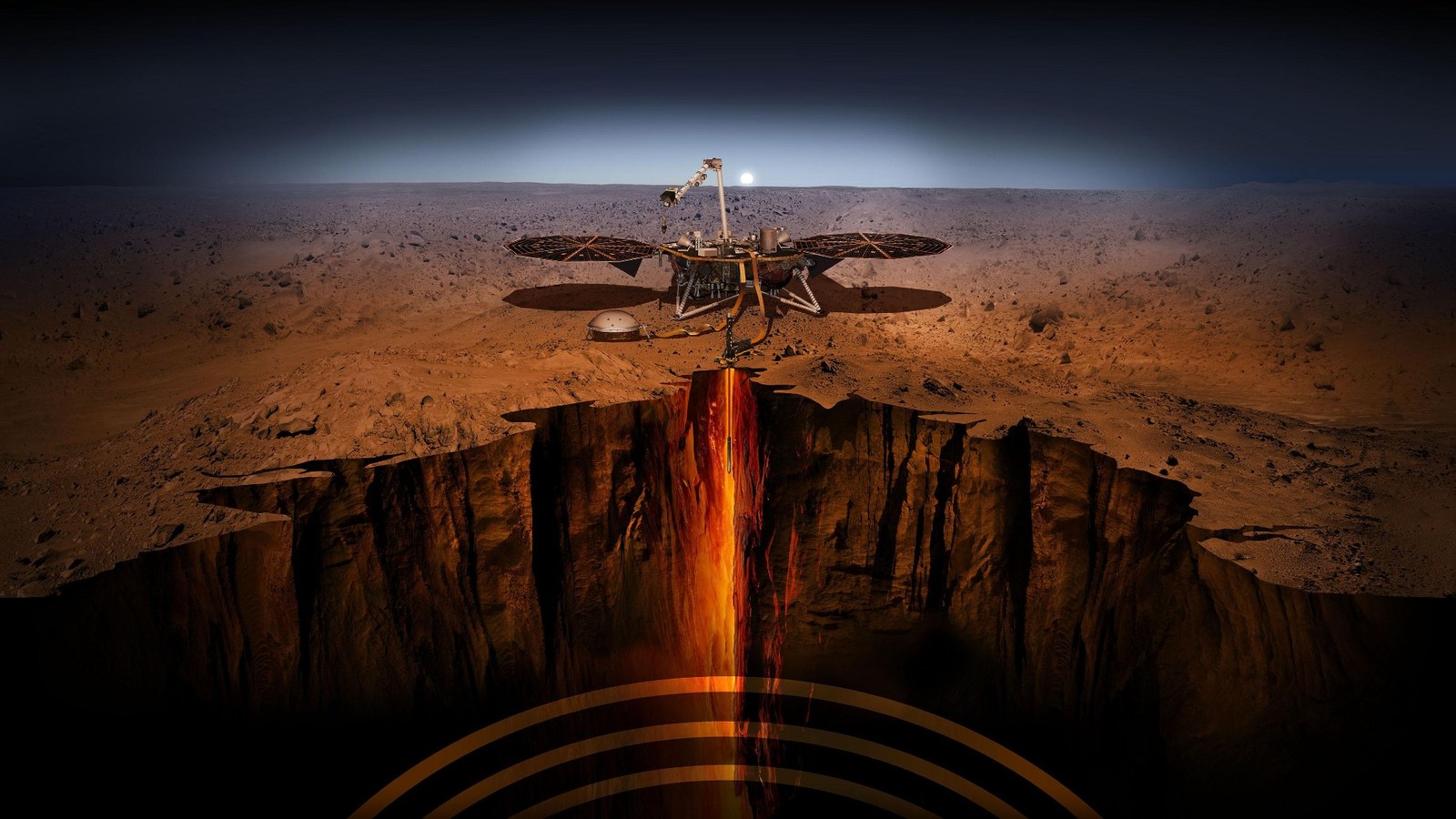 a squat, round lander sits on three metal legs on a reddish-orange dusty surface, with two large wing-like solar arrays, one on each side