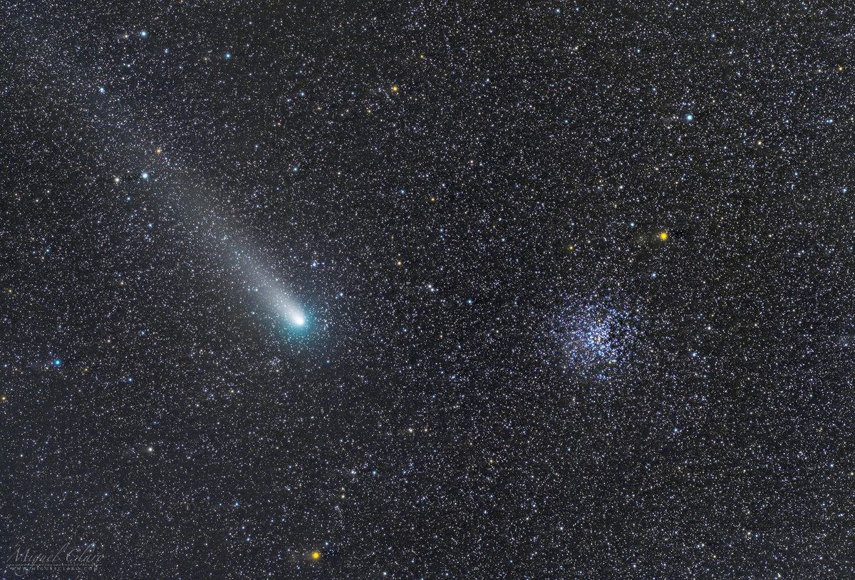 Comet 21P/Giacobini-Zinner passes by the open star cluster M37 on Sept. 10, 2018, in this deep-space image by astrophotographer Miguel Claro.