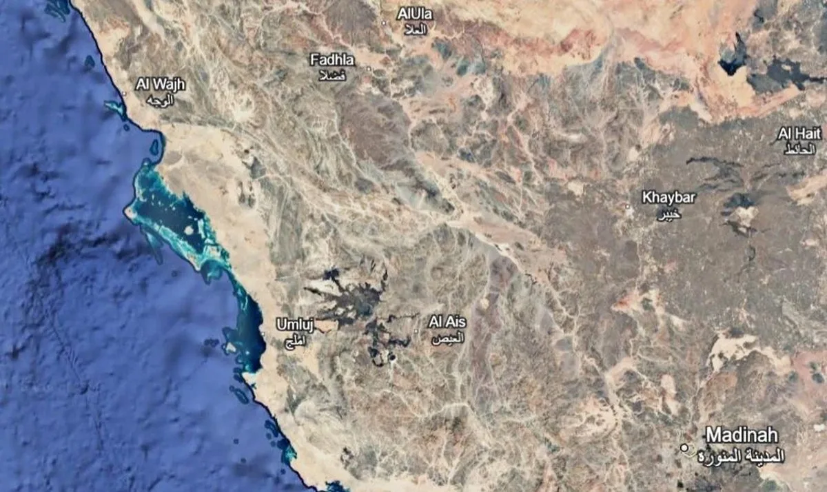 Alula is about 380 kilometers from the holy city Medina (Madinah). Alula Manara, the astronomical site where the LaserSETI devices are situated is on a remote plateau about 74 km north of Alula. Image Credit: Google Earth/LandSat/Copernicus. Data SIO, NOAA, US Navy, NGA, GEBCO, Mapa GISrael.