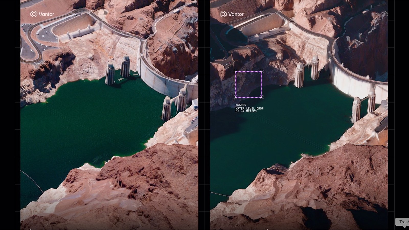 Two images, captured by the Earth-imaging company Vantor, showing changing water levels at the Hoover Dam.