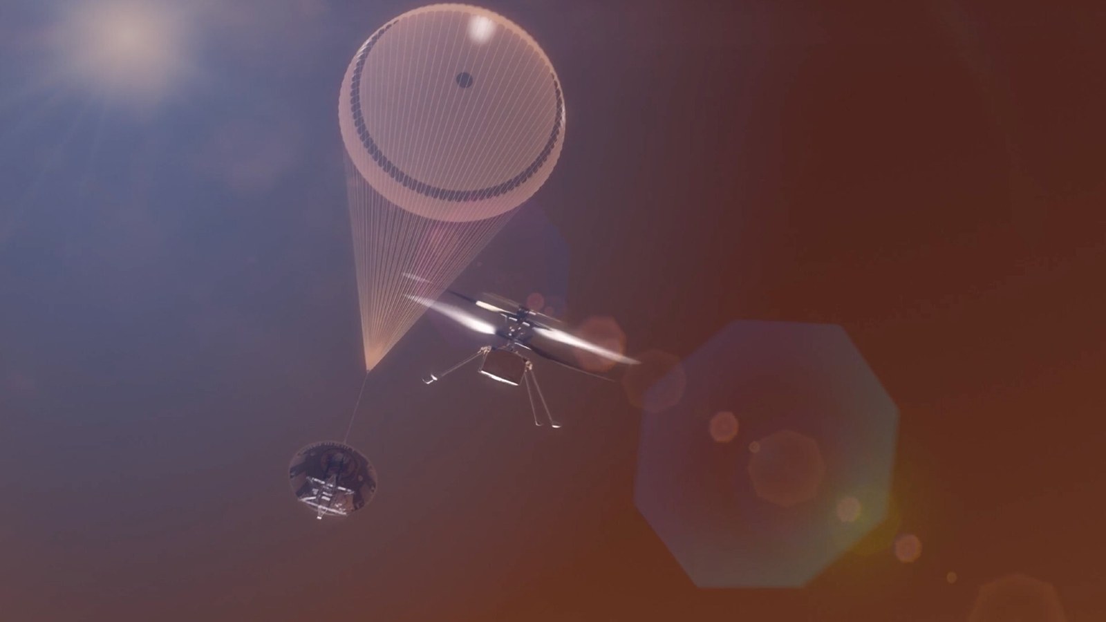 An illustration of a helicopter delivering a payload over the planet Mars