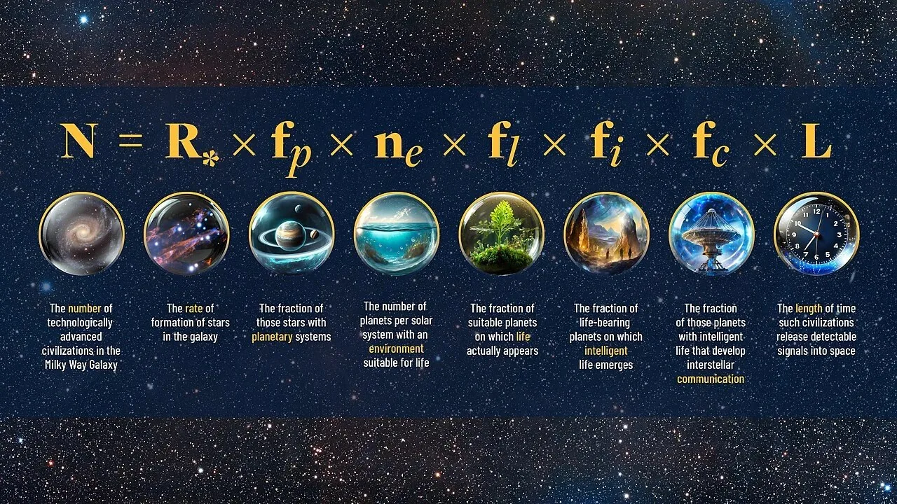 Illustration of the Drake Equation (Credit: NOIRLab/AURA/NSF/P. Marenfeld)