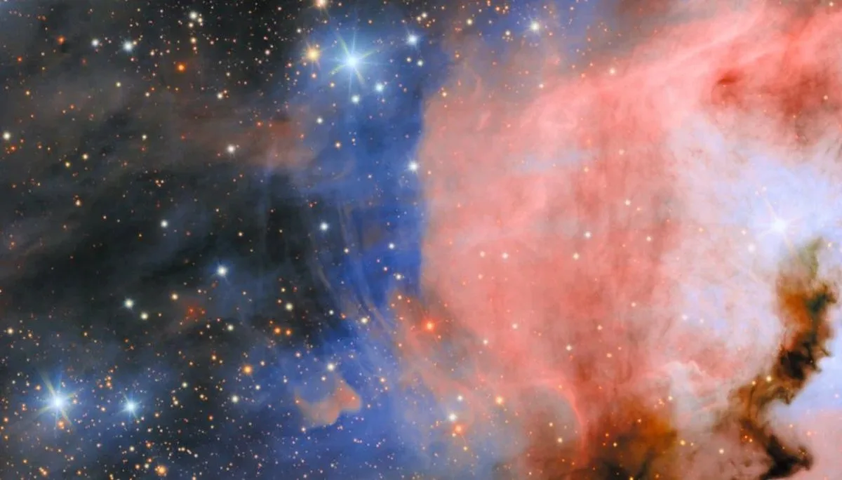 This zoomed-in portion of the image shows some of the incredible detail in the Seagull Nebula. It's an area of intense, active star-formation, where hot young stars emit ionizing radiation. The radiation removes any obscuring dust and lights up hydrogen gas in the molecular clouds that the stars form in. The hydrogen gas is pink, and the blue comes from dust reflecting light from other young stars. Not bad for a test camera. Image Credit: NSF–DOE Vera C. Rubin Observatory/NOIRLab/SLAC/AURA. Image Processing: T.A. Rector (University of Alaska Anchorage/NSF NOIRLab), D. de Martin & M. Zamani (NSF NOIRLab)