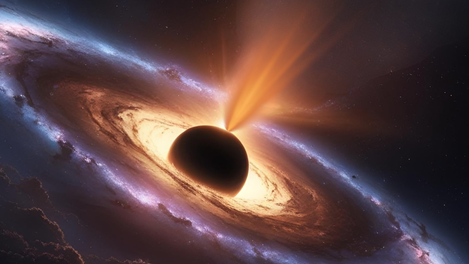 An illustration shows an ravenously feeding supermassive black hole devouring surrounding gas and dust