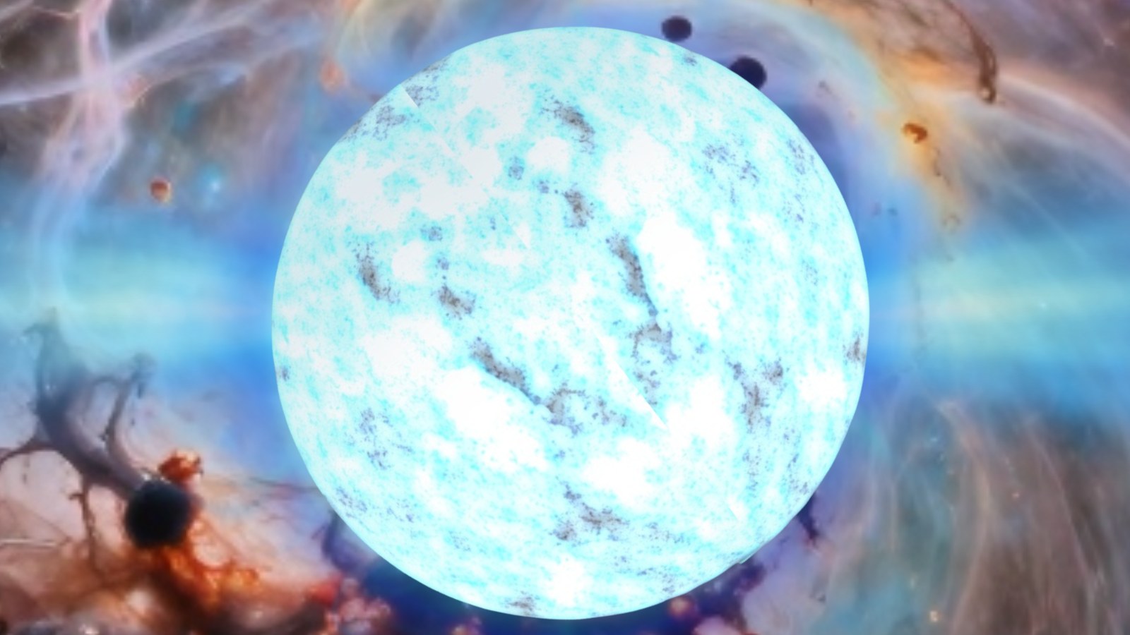 A large glowing blue sphere with light and dark streaks