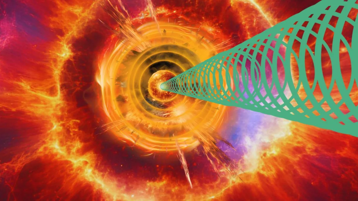 A golden sphere surrounded by fiery rings