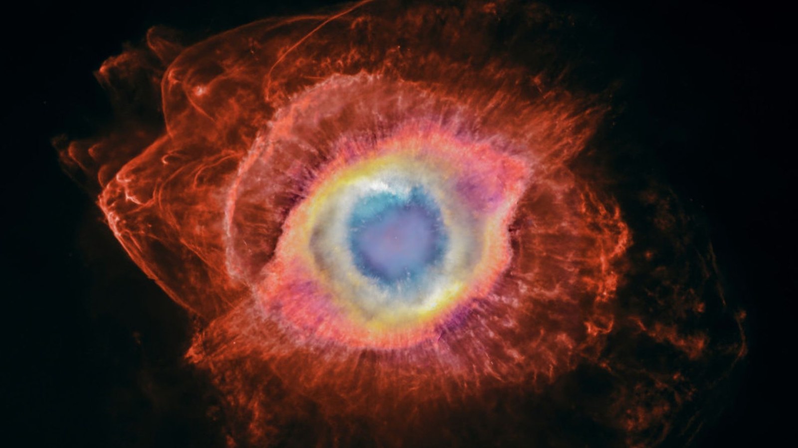 A blue circle surrounded by pink and yellow rings. There is a reddish structure all around this.