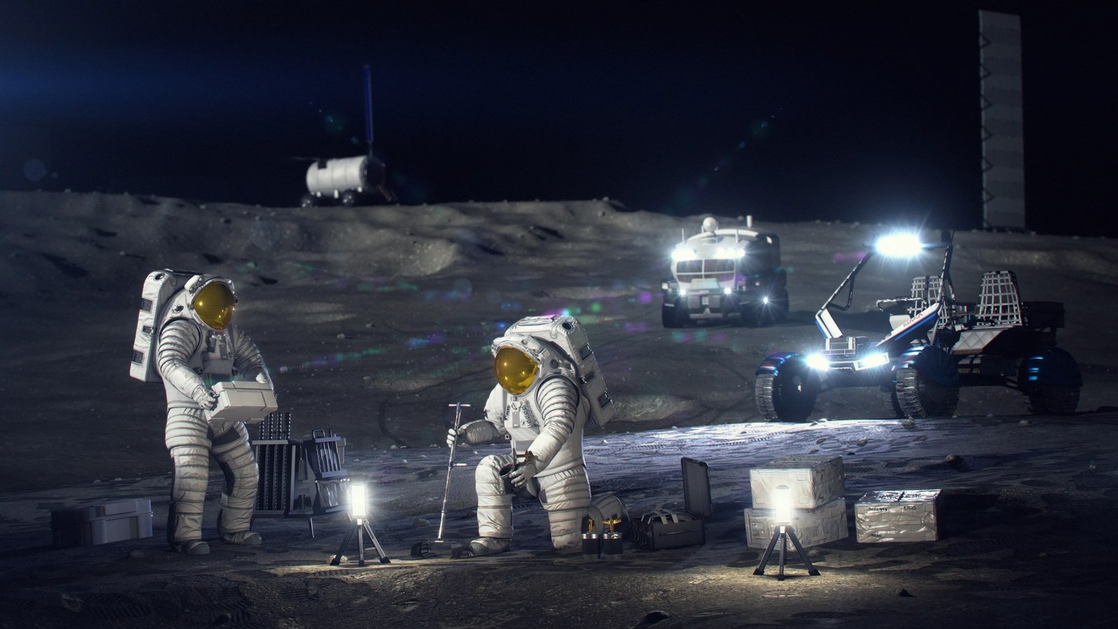 An artist’s concept of astronauts working on the lunar surface.