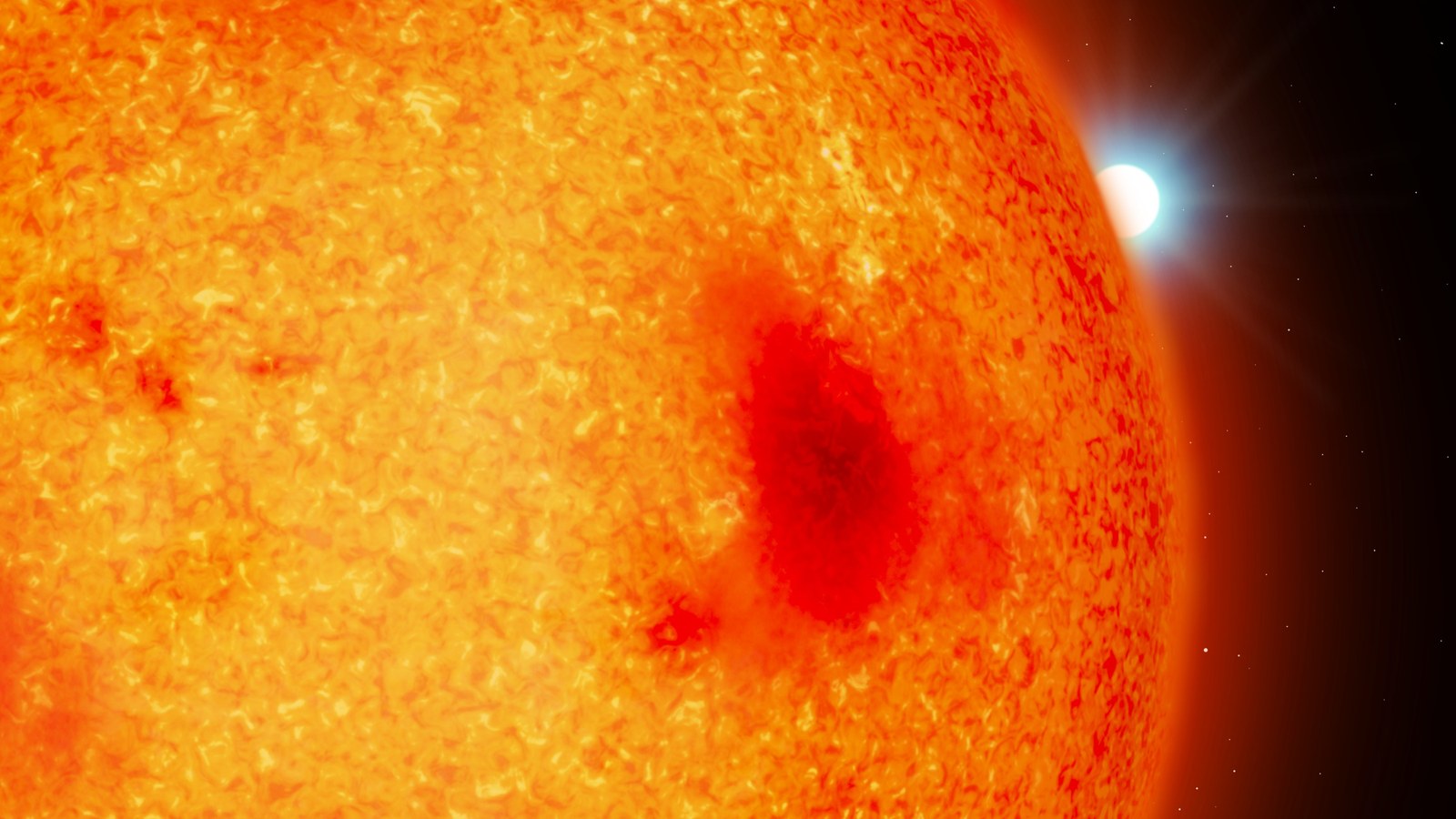 An artist impression of a red dwarf with a white dwarf binary companion peekingout from behind. The diameters of the two stars are shown to scale.