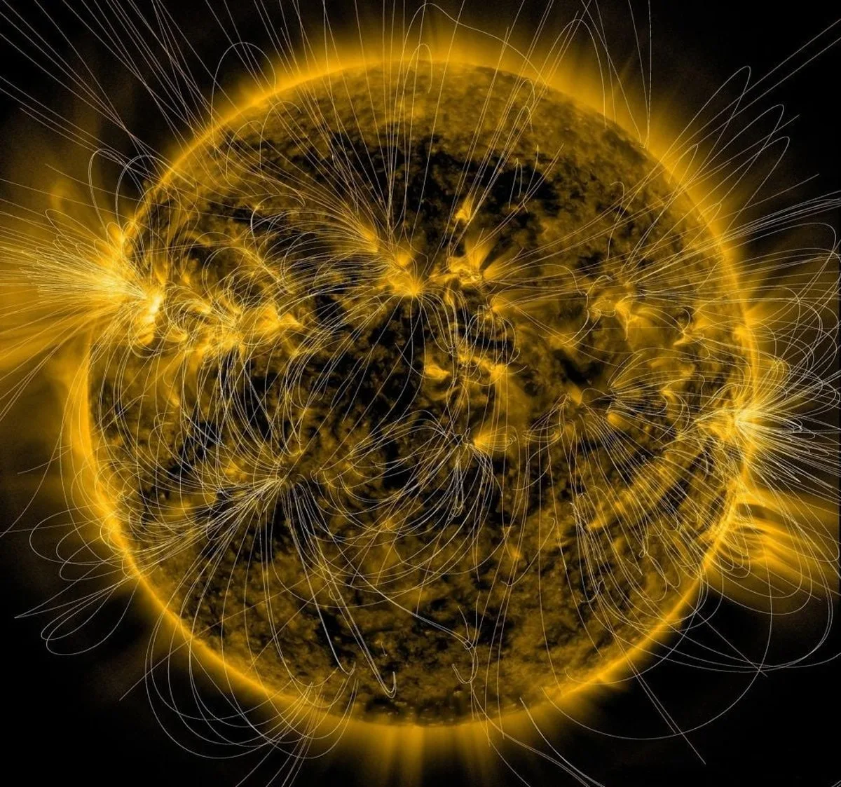 This is a depiction of the Sun’s magnetic fields overlaid on an image of the Sun captured in extreme ultraviolet light by NASA’s Solar Dynamics Observatory on March 12, 2016. The churning, rotating fields eventually break, and then reconnect to the Sun in a more stable and straightforward configuration, releasing flares. Image Credit: NASA/SDO/AIA/LMSAL
