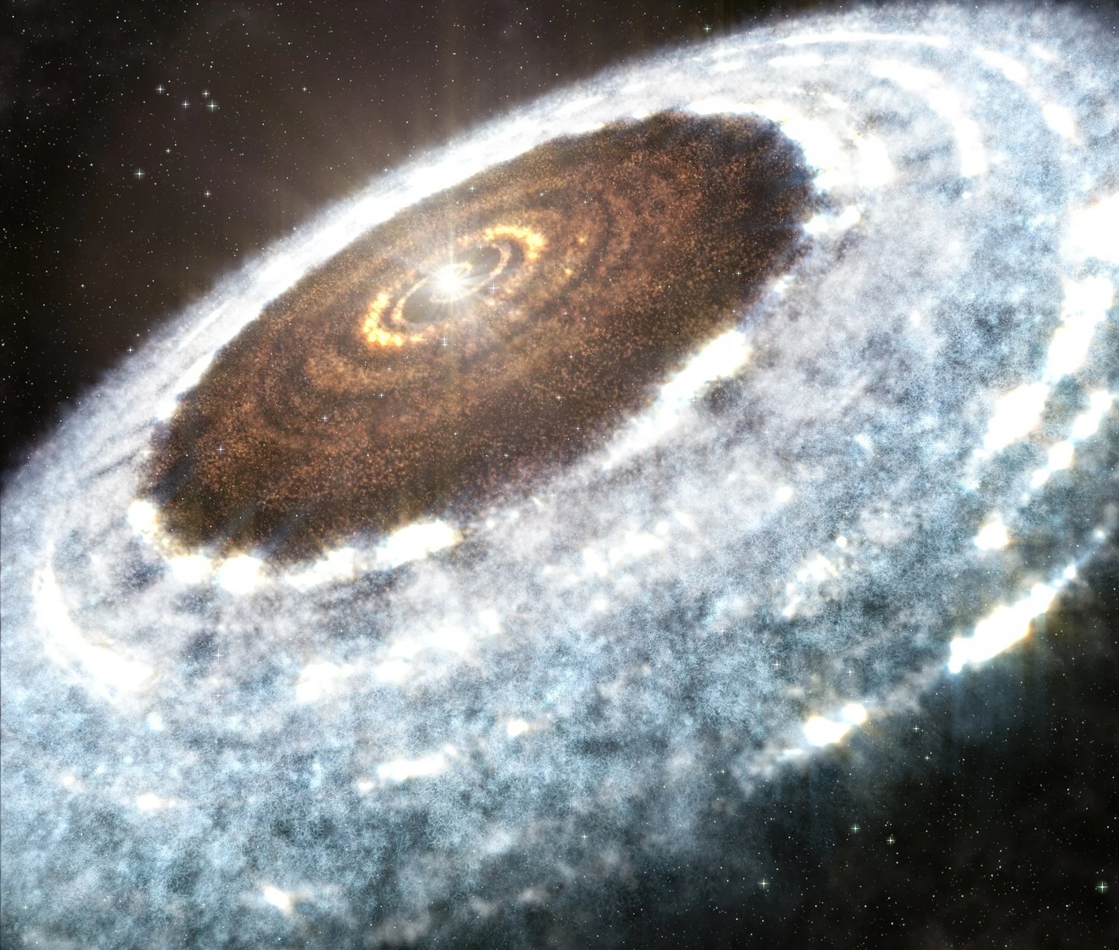 Artist's impression of the water snowline around the young star V883 Orionis, as detected with the Atacama Large Millimeter Array (ALMA) in 2016. Credit: A. Angelich (NRAO/AUI/NSF)/ALMA (ESO/NAOJ/NRAO)