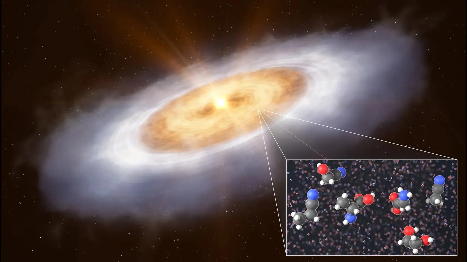 The chemical structure of complex organic molecules detected in a protoplanetary disc. © Credit: ESO/L. Calçada/T. Müller (MPIA/HdA)