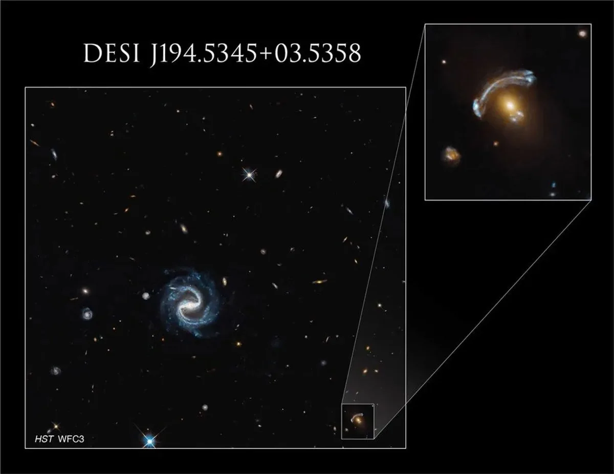 In this image, the red foreground galaxy produced two arcs of light that are distorted, multiplied images of a background galaxy; a large arc on the top and a smaller one on the bottom. With images like this, astronomers can measure the total mass in the foreground galaxy and the degree of magnification of the background galaxy. By comparing the two, they can determine the amount of dark matter present in the foreground galaxy. Image Credit: NASA, ESA, and X. Huang (University of San Francisco); Processing: Gladys Kober (NASA/Catholic University of America)