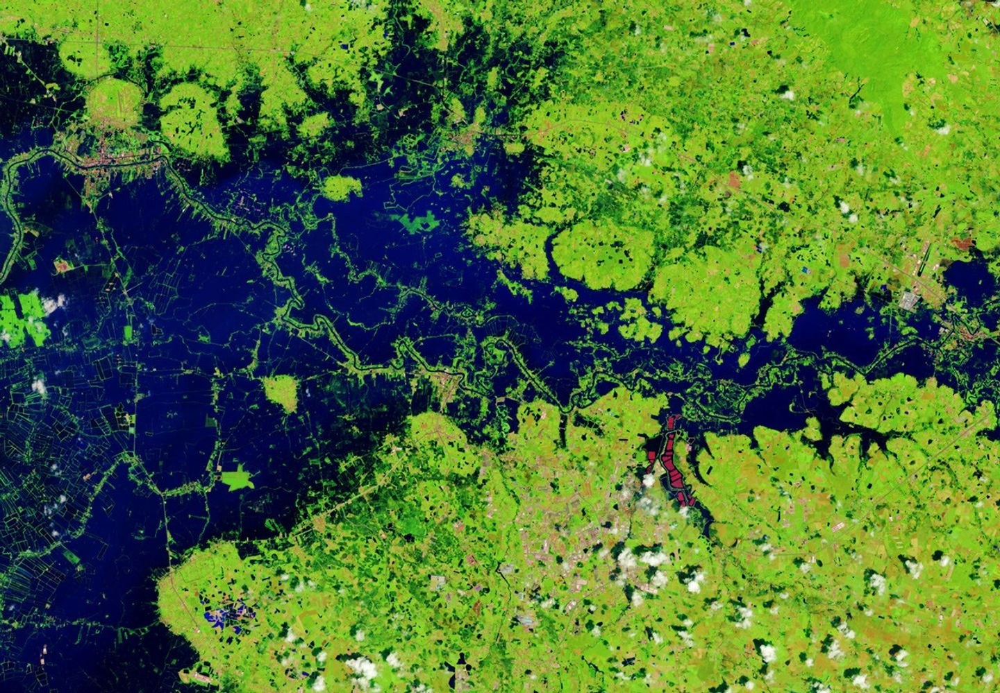 In a false-color satellite image of the same area, floodwaters (dark blue) flank a meandering river and cover a large swath of agricultural or aquacultural land primarily on the left side of the scene.