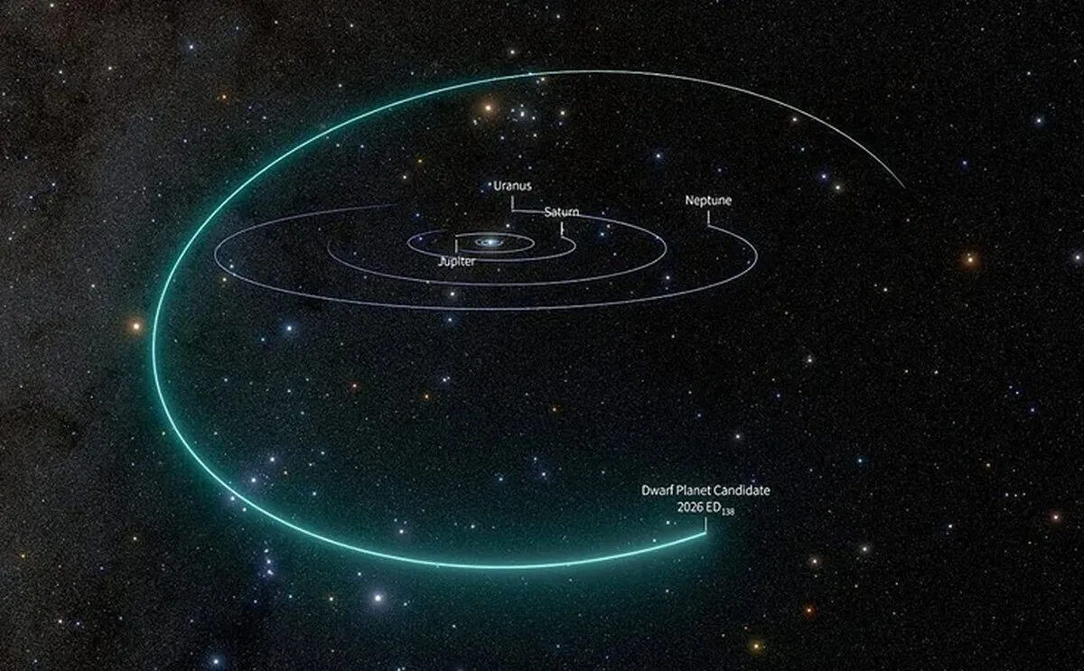 An illustration showing the orbit of 2026 ED138 around the Sun.