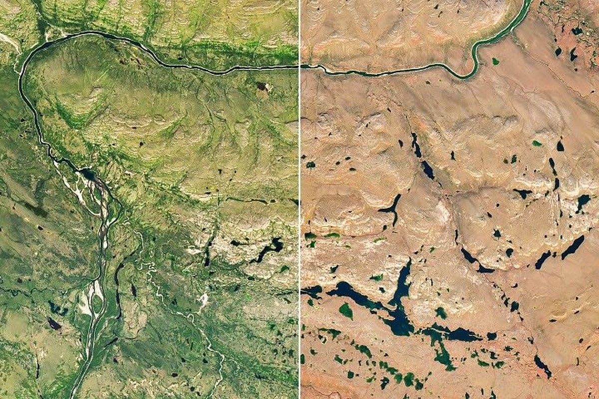 A river winds through the same tundra landscape in autumn, now colored red and orange. Some green vegetation remains visible along the river.