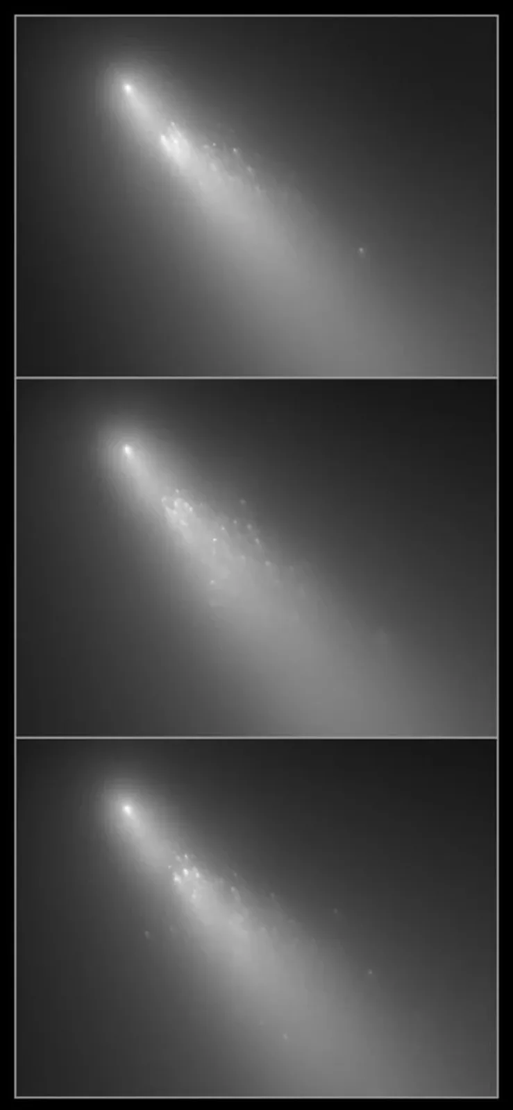 Comets can break apart in spectacular displays as they approach the Sun, as shown in these Hubble images of Comet 73P/Schwassmann-Wachmann 3. Tidal forces can rip them apart, rapid rotation can destroy their nuclei, out-gassing can destroy them with eruptions, and thermal stresses can also cause their demise. Image Credit: NASA, ESA, H. Weaver (APL/JHU), M. Mutchler and Z. Levay (STScI). LICENCE: ESA Standard Licence