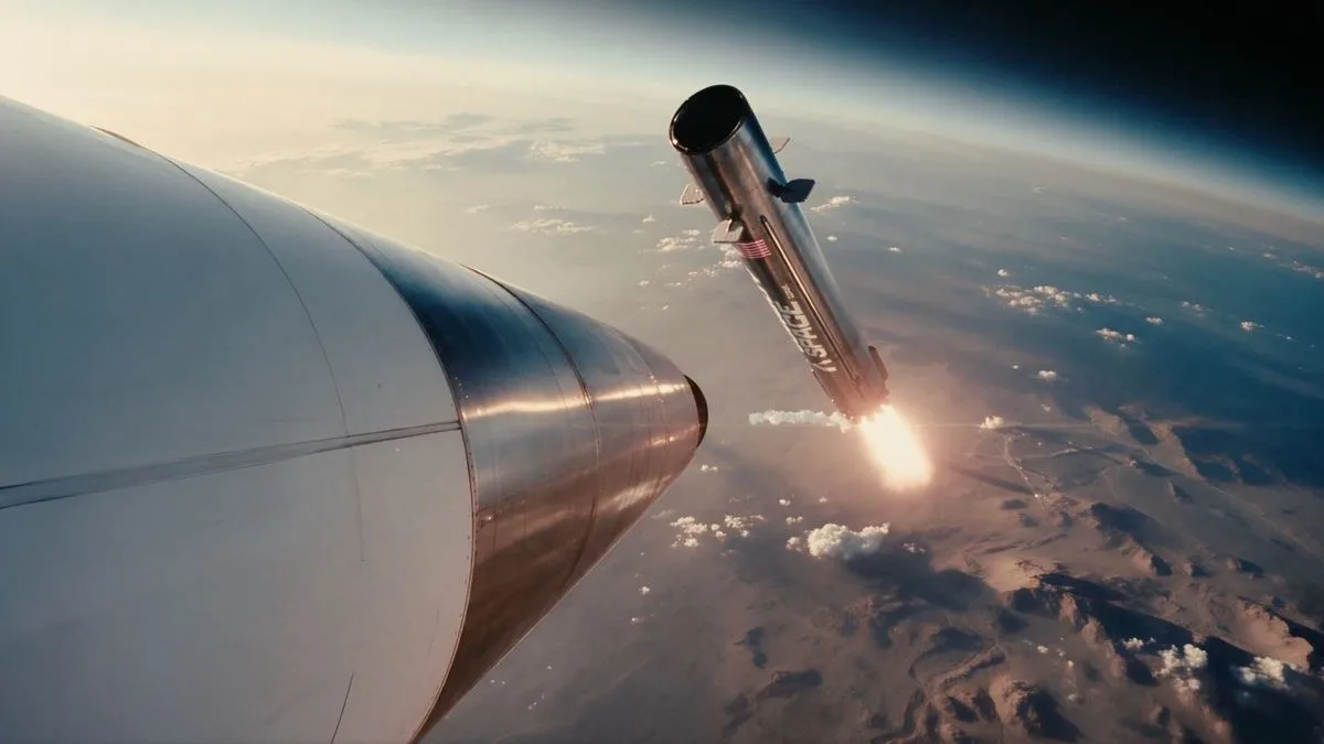 Artist's illustration of the two stages of Cowboy Space's newly announced Big Iron rocket separating in flight.