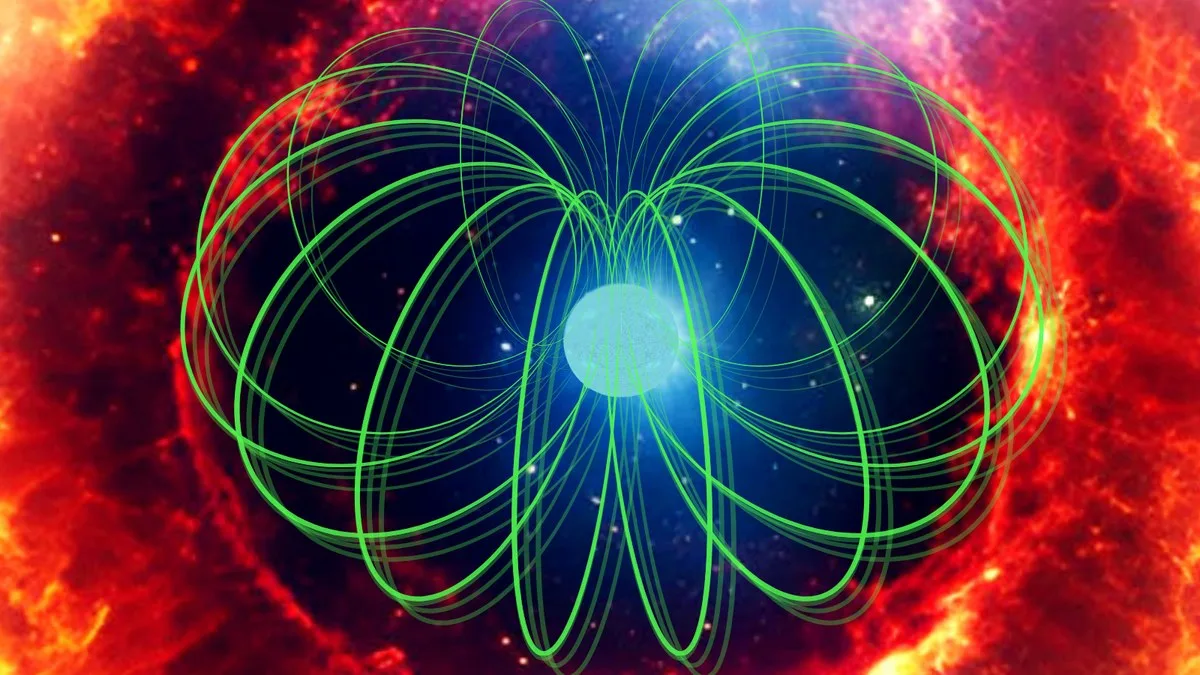 An glowing blue sphere with curved lines meeting at the sphere's poles surrounded by a ring of orange fire