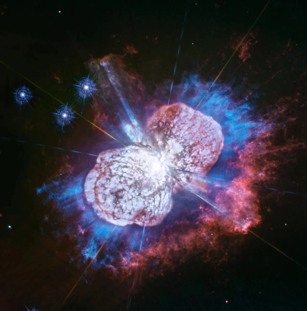 An ultraviolet image of the Homunculus Nebula (Eta Carinae) taken by the Hubble Telescope.  Credit: NASA/ESA/StSci