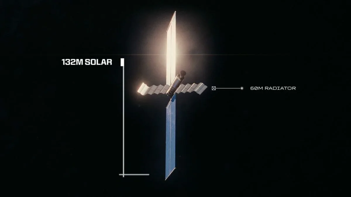 illustration of a satellite with a large blue solar array against a black background