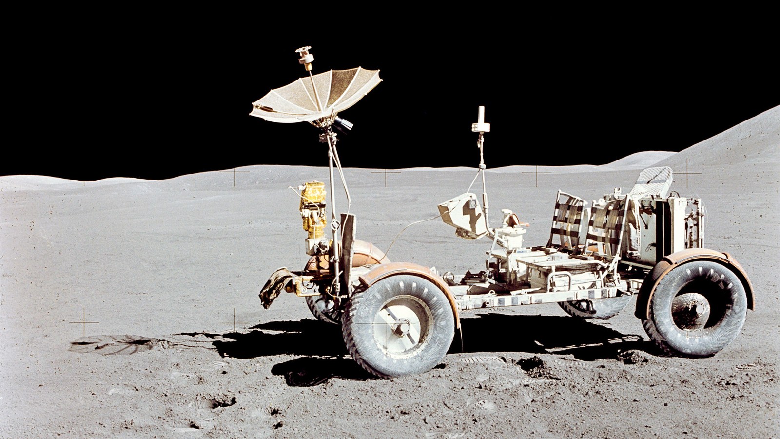 The Lunar Roving Vehicle is seen on the moon during the Apollo 15 mission, the first to use the LRV, in 1971.