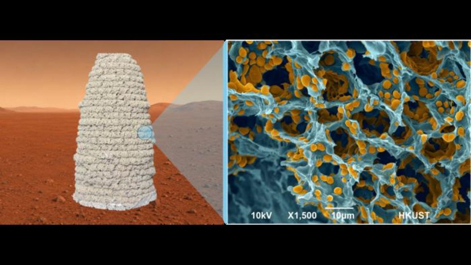 a visualization showing a possible yeast habitat that looks like a conical structure on Mars. On the right, a close up of the material's structure in a microscopic view.