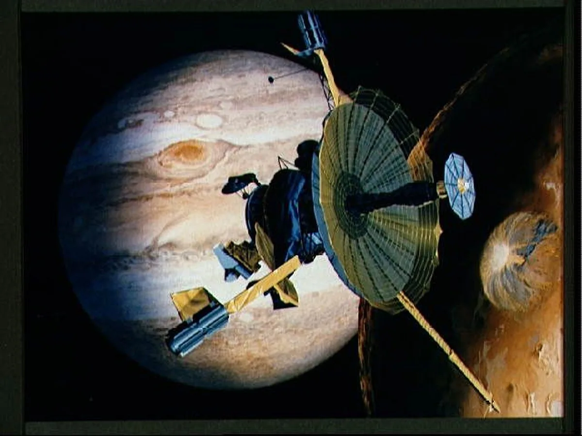 An artist's conception of the Galileo spacecraft, which was launched in 1989 for a mission to Jupiter.